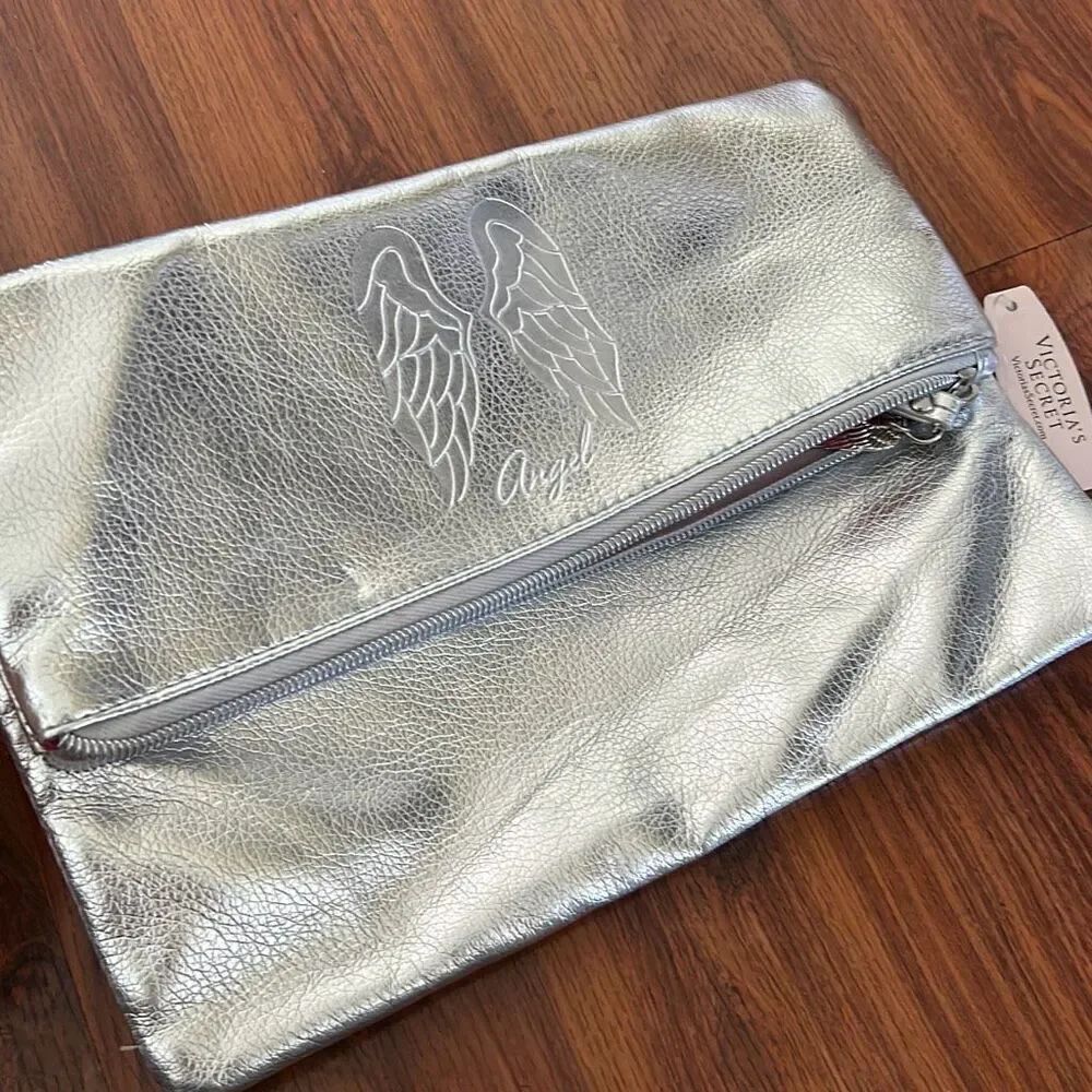 NWT Angel Victoria's Secret silver fold over clutch make up bag with wings